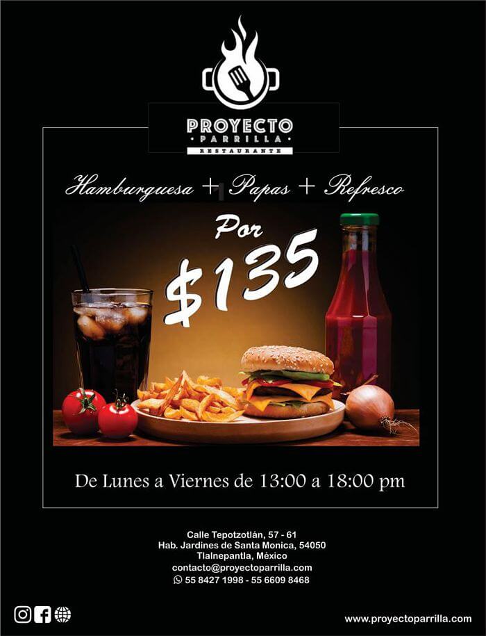 Promoción Hamburguesa + Papas + Refresco por $135 en Proyecto Parrilla Restaurante